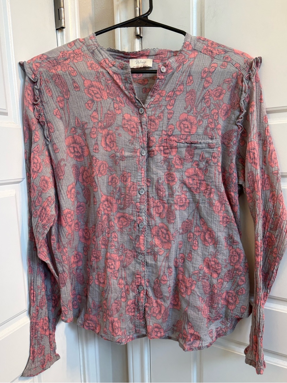 Wrap London Floral Cotton Gauze Button-Down Blouse Grey & Pink – Size US 16